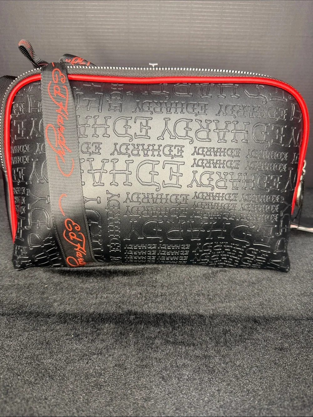 Ed Hardy Black Cosmetic Pouch with Red Trim & Rhinestone Tattoo Skull